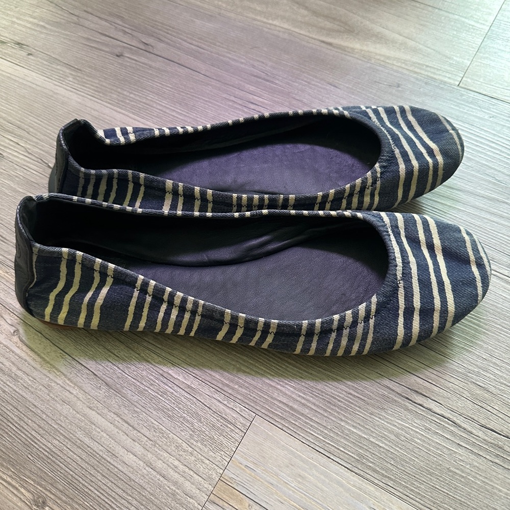 Tory Burch Ballet Flats Navy Ivory Stripe Sz 11